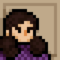 In pixel art, a person with curly dark brown hair a bit beyond shoulders length, wearing a purple sweatshirt.